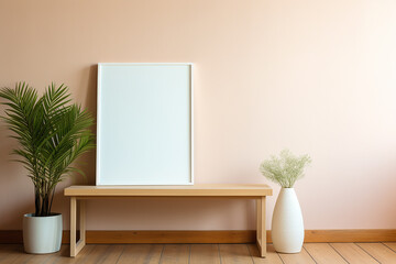 Empty White Photo Frame on Wooden Table with Houseplants on Pastel Wall Background