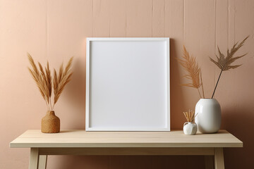 Empty White Photo Frame on Wooden Table with Room Decoration on Pastel Wall Background