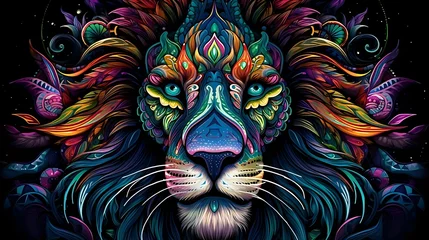Fototapeten Portrait lion illustration psychedelic painting style with black background. 8k resolution © Rijaliansyah
