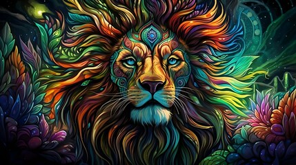 Portrait colorful lion head illustration psychedelic painting style with black background. 8k resolution