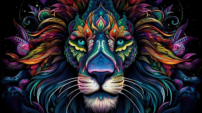 Portrait lion illustration psychedelic painting style with black background. 8k resolution