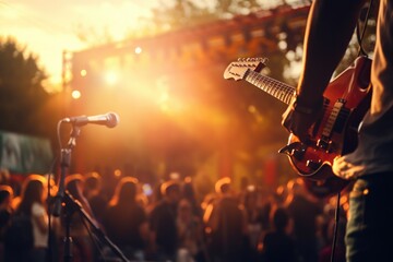 Obraz premium Rock concert in a large area with many visitors.