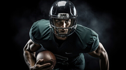 Fototapeta na wymiar American football player sport shot cinematic smoke black background green uniform