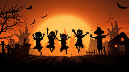 Group of kids having fun going to halloween masquerade party