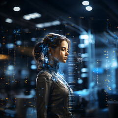 Virtual representation as a humanoid figure, blending elements of futuristic technology with human...