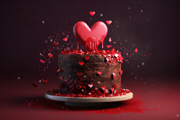 Chocolate cake for valentine's day celebration with hearts on dark background