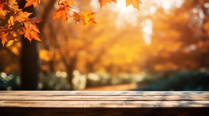 Naklejka na ściany i meble wooden table with autumn leaves and autumn background, Generative AI