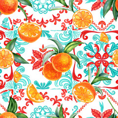 Sicilian majolica and ripe oranges seamless pattern. Watercolor hand drawn illustration of ceramic classic tiles and citruses. Endless background for fabric. - obrazy, fototapety, plakaty
