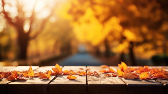 wooden table with autumn leaves and autumn background, Generative AI