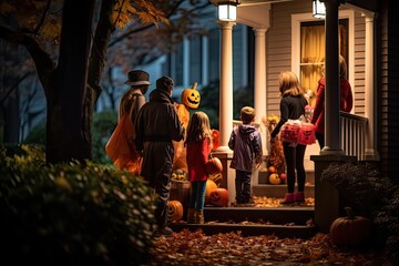Fototapeta premium Trick-or-treaters in colorful costumes going door-to-door, eagerly collecting candy and treats from neighbors during the Halloween night - Generative AI