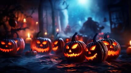 Obraz premium Halloween carved pumpkin with flickering candle