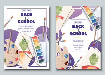 Set of flyer template with palette of paints, brushes, and paper. School time, back to school, education. Flyer, poster, banner size a 4