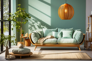 Living room interior with red sofa lamp, plants and elegant personal accessories. Pastel pillow,