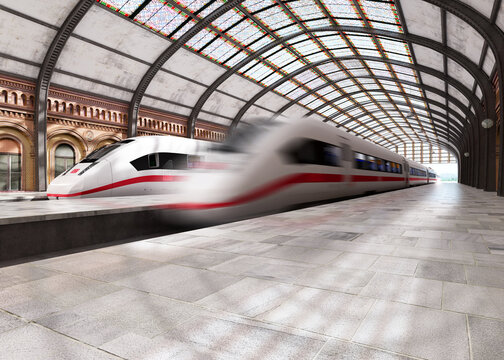 old classic train station and new deutsche bahn ice 4 trains no people 3d render
