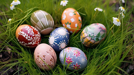 Fototapeta na wymiar Easter eggs decorated with flowers in the grass. Easter eggs. Generative Ai