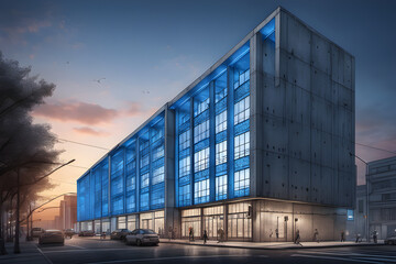 Obraz premium concrete-building-downtown-before-dawn-with-a-blue-haze