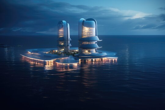 Futuristic power plant of the future in the ocean, water energy