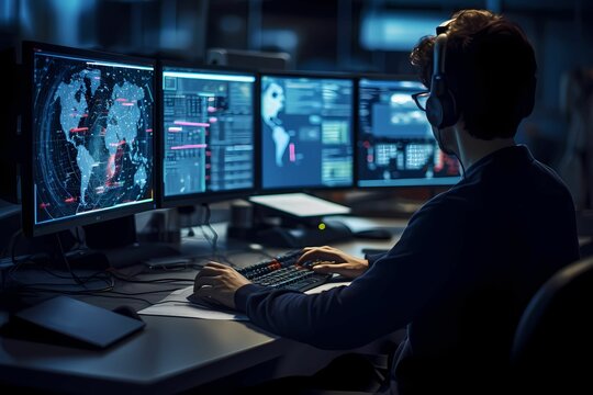 a man working in control room with multiple dekstop 