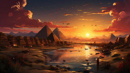 Digital Illustration" of the Pyramids of Giza, Cairo, Egypt