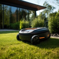 Sunny scene featuring a robotic lawn mower in action.