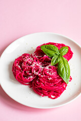 Beetroot Pasta, Barbie Themed Pasta. Pink noodles on pink background