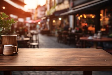 Naklejka na ściany i meble Rustic wooden surface set against a blurry backdrop of a bustling cafe scene. Perfect for product presentation.