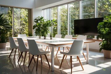 Obraz premium Dining Table with chairs and plants, Generative AI
