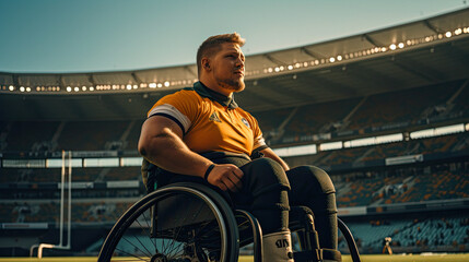 Handsome Disabled Rugby Player in a Wheelchair at the Stadium