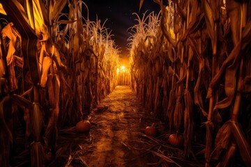 Haunted corn maze with hidden scares and creepy surprises, offering a thrilling adventure for thrill-seekers - Generative AI