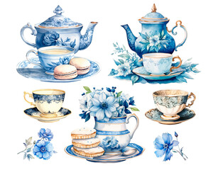 Watercolor hand drawn set of tea party elements: blue teapot, cup, floral bouquet. The tradition of drinking teatime.