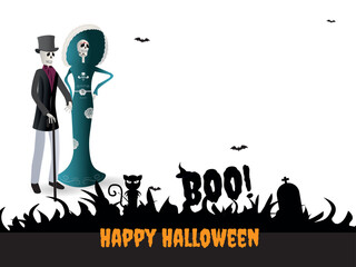 Celebration of Halloween day, skeleton couple dressed on white background and at the bottom icons related to the theme.