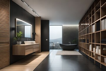 Interior of a bathroom with a black wall, a wooden shelf, a black, angular sink, and a small, vertical mirror. Detailed mockup