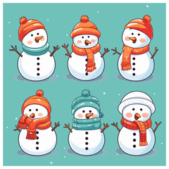 Cute christmas snowmen flat vector illustrations set. Winter outdoor activity for kids isolated cliparts pack. Funny snow man wearing hat