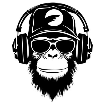 Monkey in sunglasses and a dj headphones, isolated on white background, vector illustration.