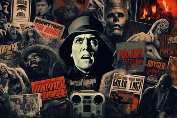 Obraz premium Classic horror movie faces and covers, with viewers enjoying spooky films and cult classics to set the Halloween mood - Generative AI