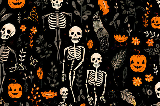 Halloween pattern. Jack Pumpkins and Skeletons. Background, wallpaper. AI generation