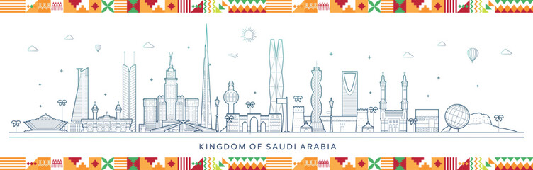 Kingdom of Saudi Arabia Famous Buildings with Traditional ornament red and green. Vector Illustration 