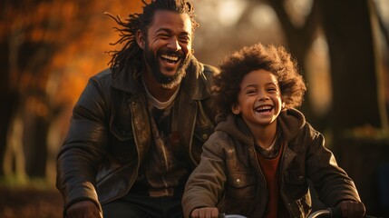 Fototapeta premium Joyful Father Teaching Son to Ride Bike in a Lush Park