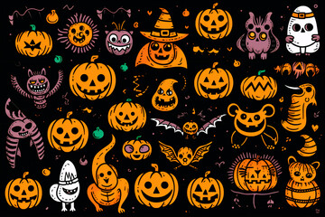 Graphic elements on the theme of Halloween. Halloween characters. Pattern, background, wallpaper. AI Generation