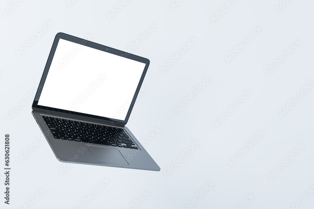 Poster Empty laptop computer screen on light background. Technology, mock up place and webinar advertisement concept. 3D Rendering.