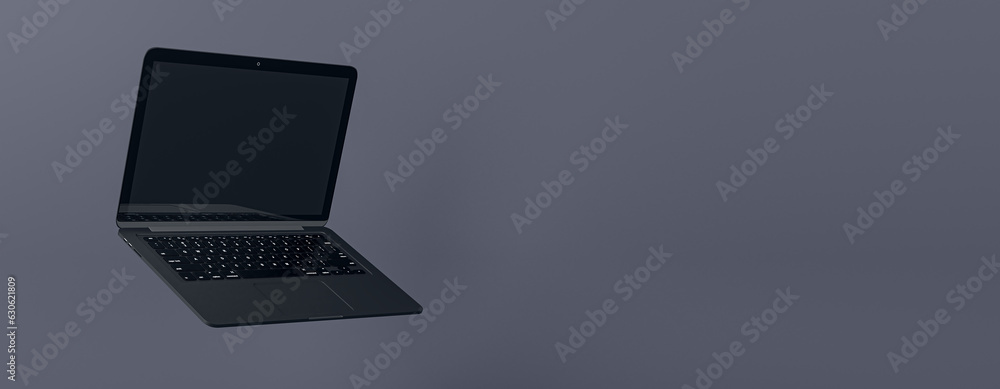 Poster empty laptop screen on light wide wallpaper. technology, mock up place and webinar advertisement con