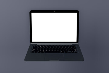 Blank laptop computer monitor on light gray background. Technology, mock up place and webinar advertisement concept. 3D Rendering.