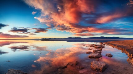 Photo of the serene reflection of the sky on the calm surface of a salt lake created with Generative AI technology