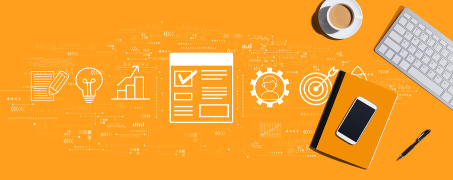 Project management theme with a computer keyboard and office items