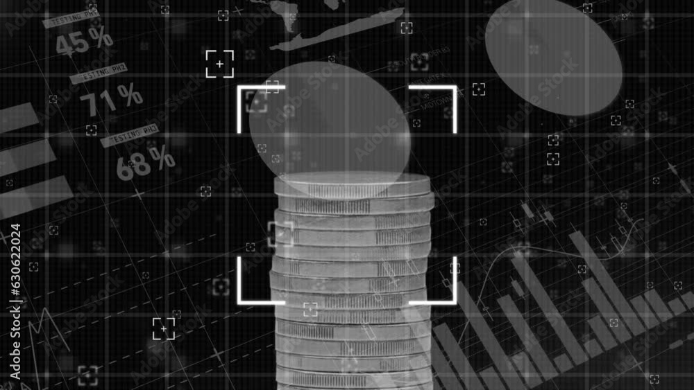 Poster animation of financial data processing over stack of coins