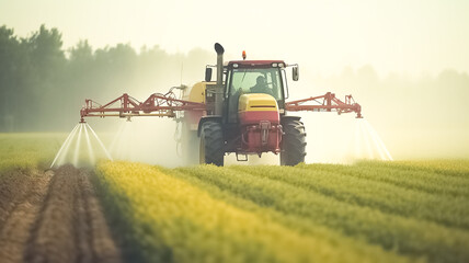 Obraz premium A tractor sprays an agricultural field with fertilizer.