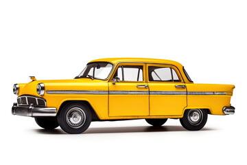 A vintage yellow taxi cab with a checkerboard pattern and a white roof on a white background.