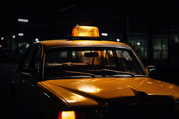 A rainy night in a dark parking with a yellow vintage taxi cab.