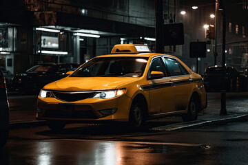 A yellow taxi cab parked on a dark city street at night.