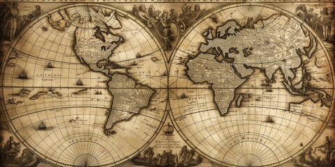Fototapeta na wymiar A sepia-toned old world map in two circles with illustrations and a banner.